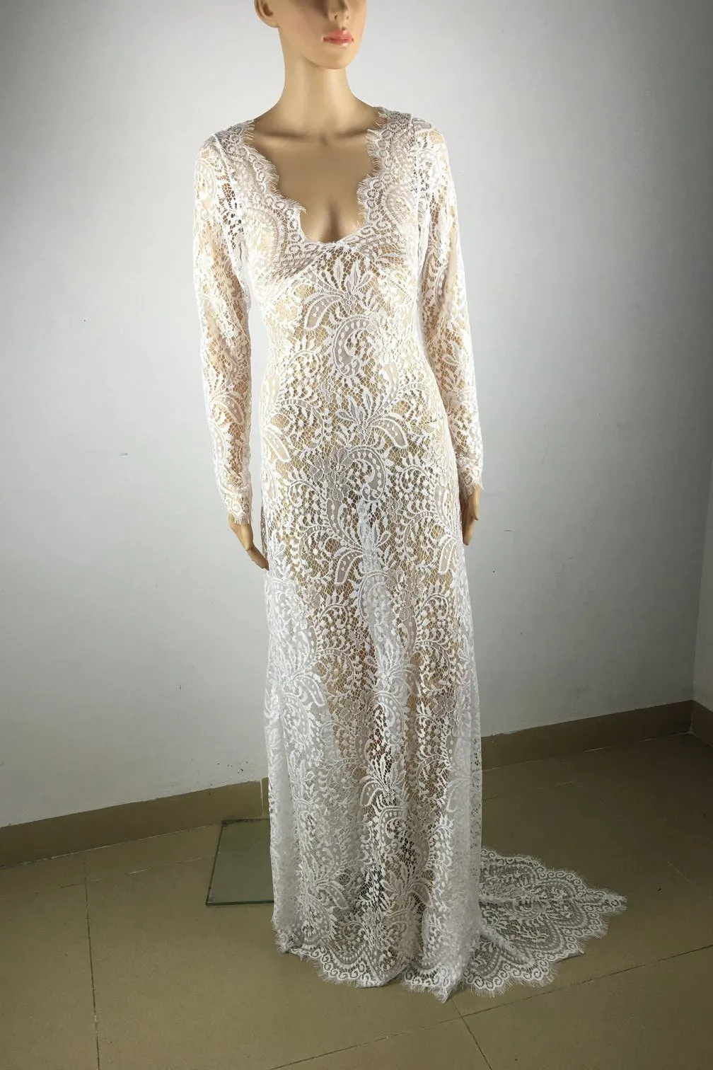 Lace Transparent Deep V-neck Long Sleeves Floor-Length Dress