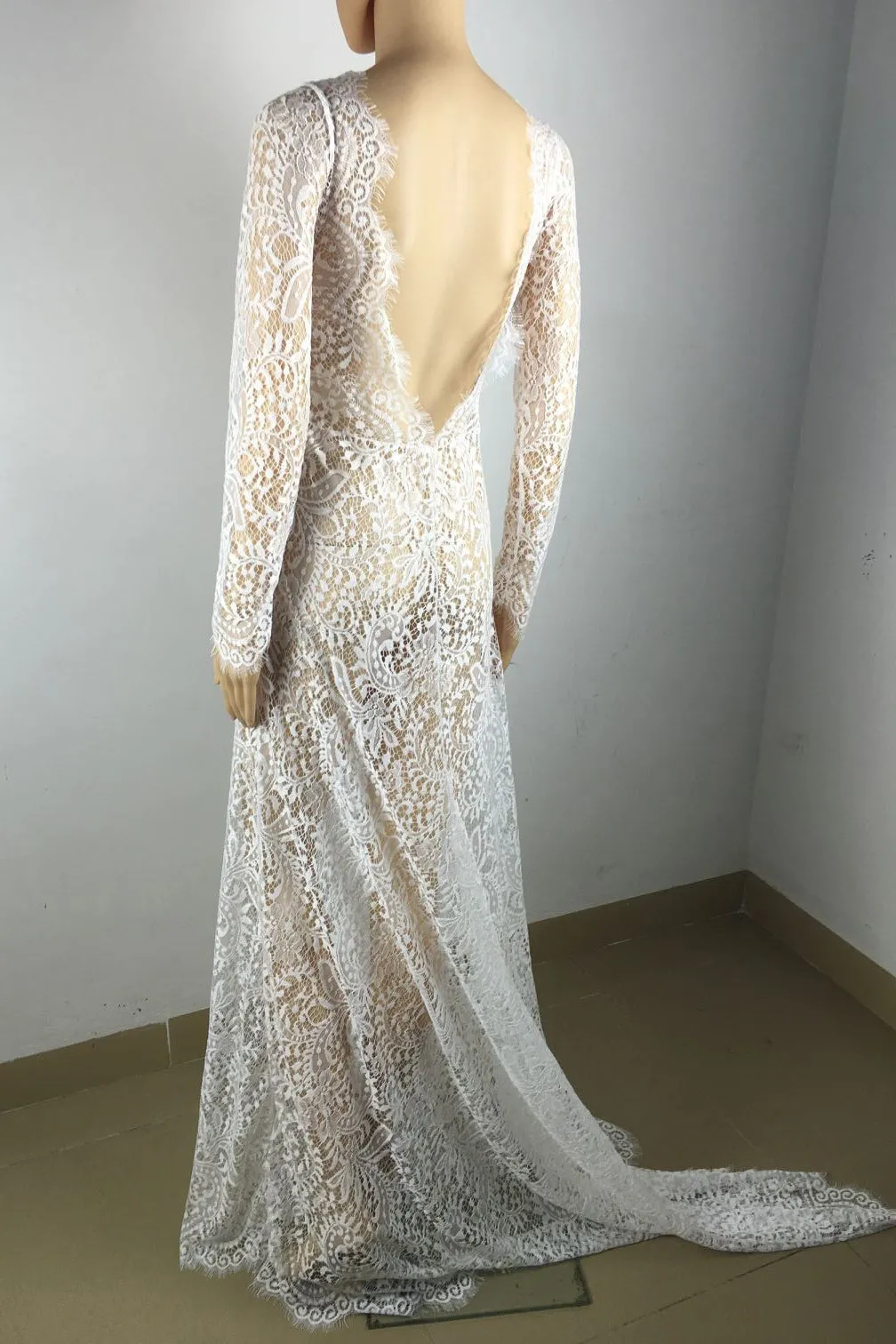 Lace Transparent Deep V-neck Long Sleeves Floor-Length Dress