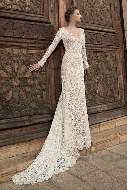 Lace Transparent Deep V-neck Long Sleeves Floor-Length Dress