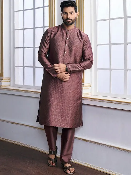 Mauve Mandarin Collar Ethnic Motifs Kurta with Trousers
