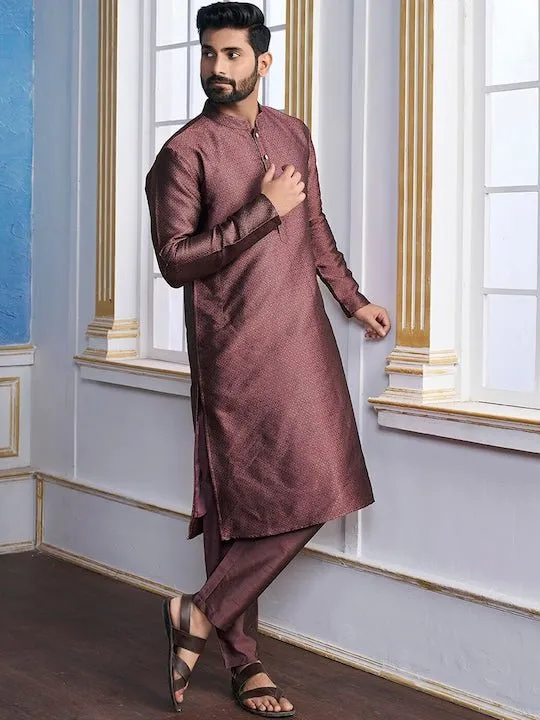 Mauve Mandarin Collar Ethnic Motifs Kurta with Trousers