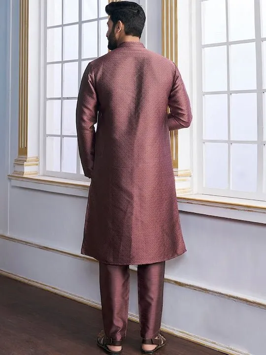 Mauve Mandarin Collar Ethnic Motifs Kurta with Trousers