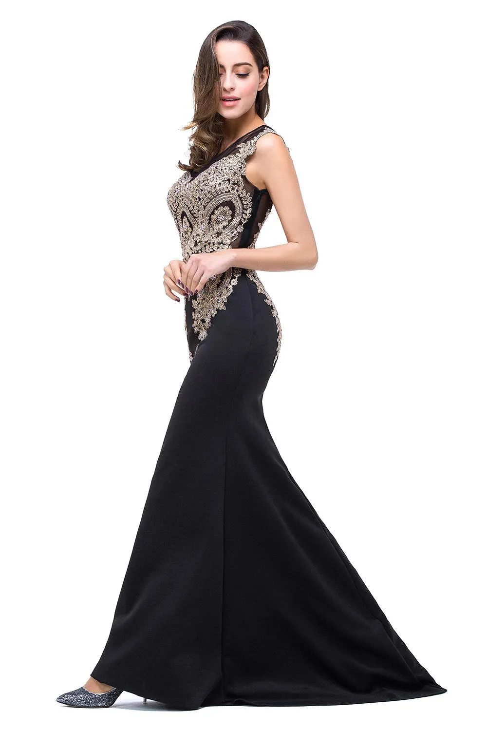 Mesh Patchwork Applique Mermaid Long Party Dress