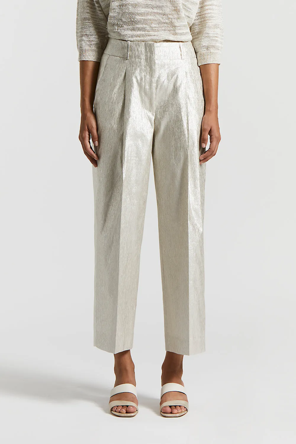Metallic effect linen trousers