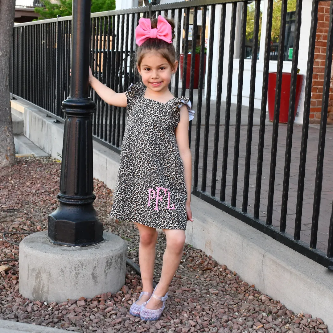 Monogrammed  Girls Short  Sleeve Dress - Leopard Print