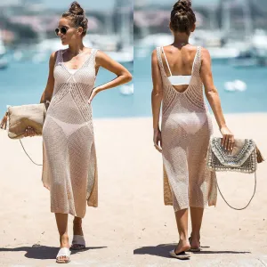 New Solid Color Split Hem Cami Long Cover-up Beach Dress