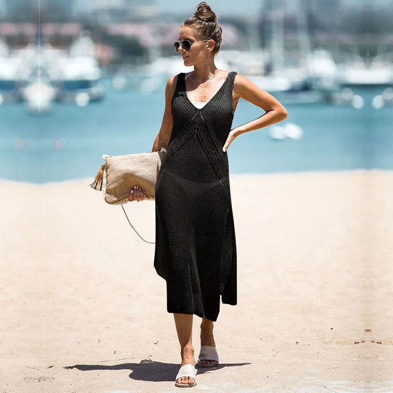 New Solid Color Split Hem Cami Long Cover-up Beach Dress