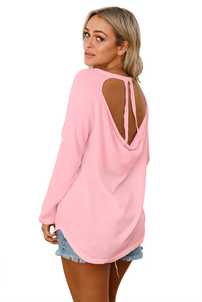 Pink Open Back Detail Long Sleeve Loose Fit Sweater