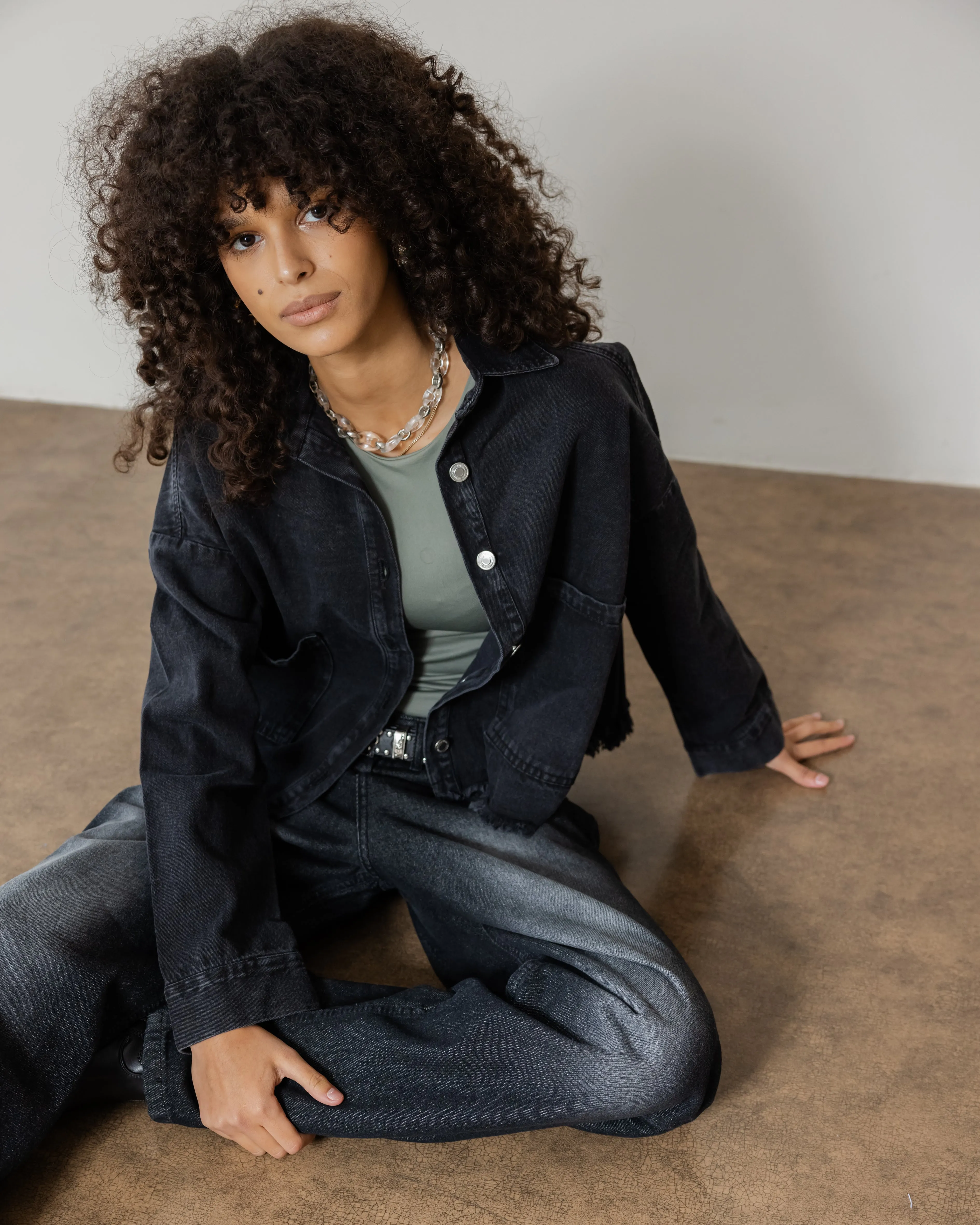 Raw-Hem Denim Jacket in Black