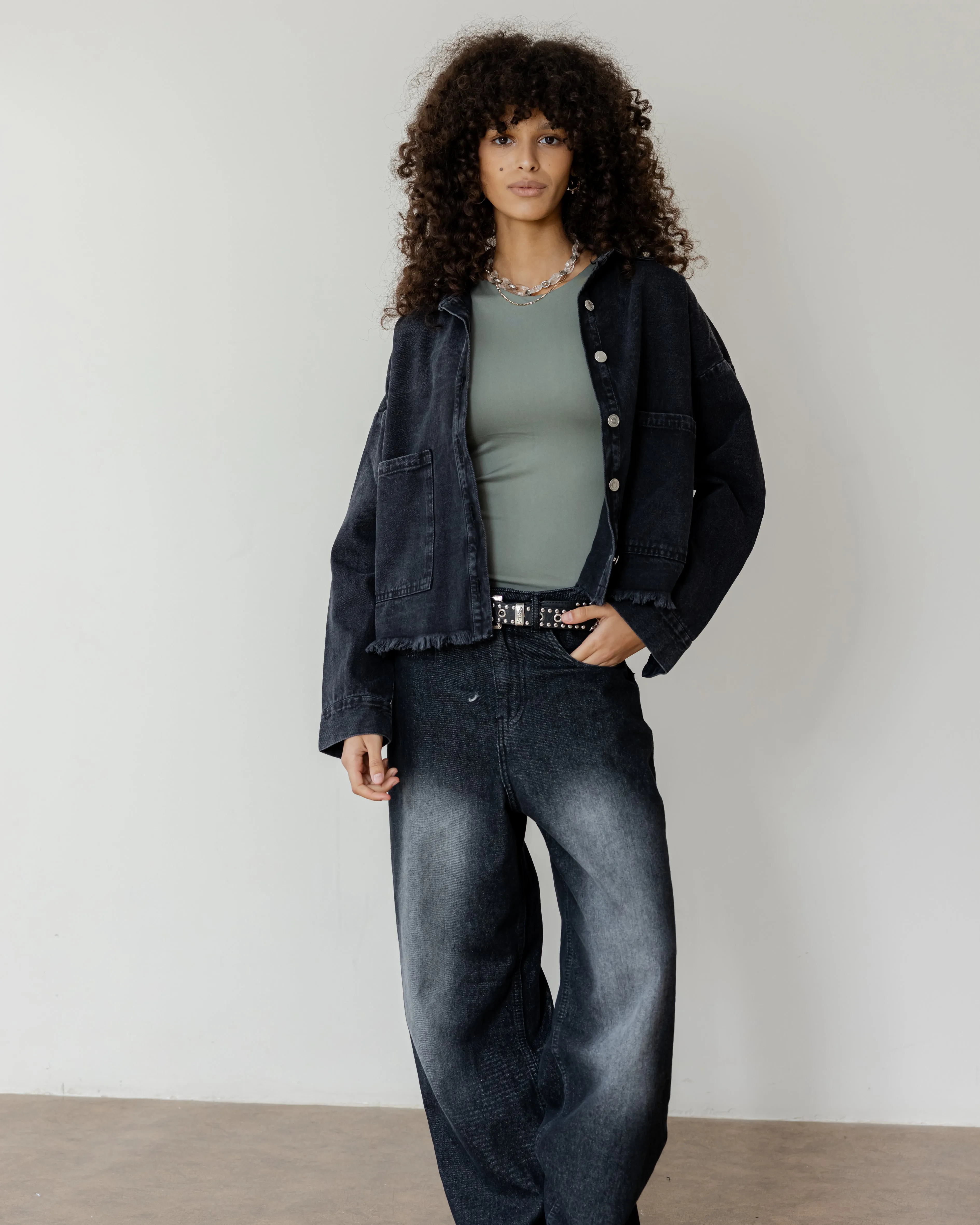 Raw-Hem Denim Jacket in Black