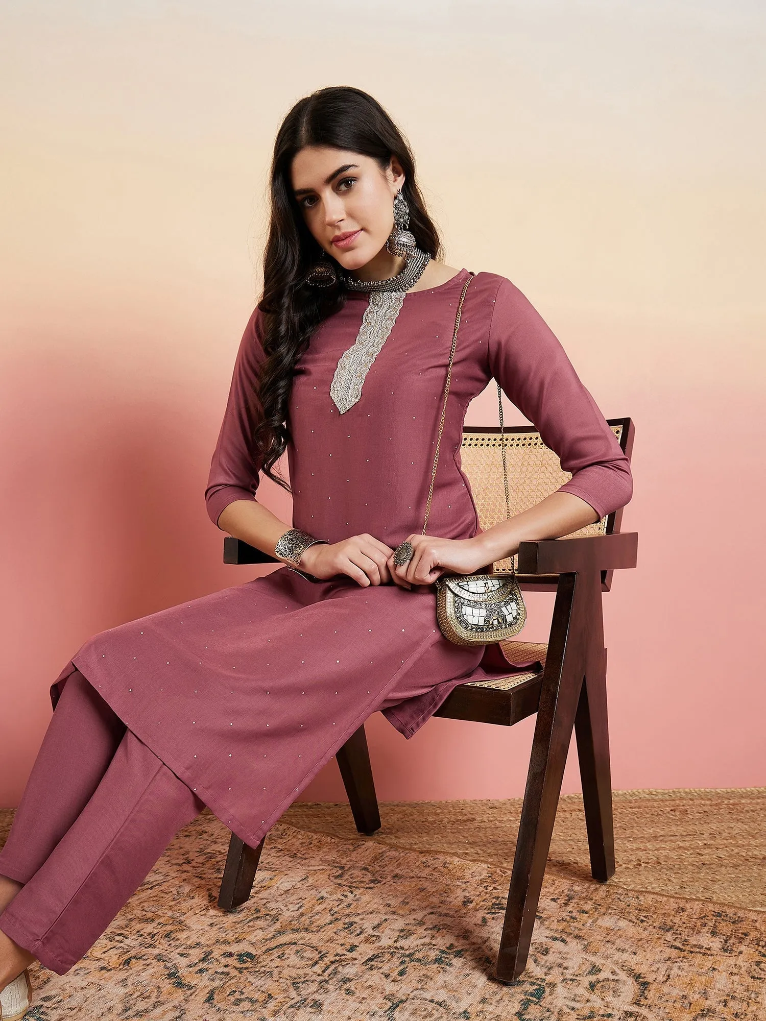 Rust Floral Yoke Design Sequinned Kurta With Trousers