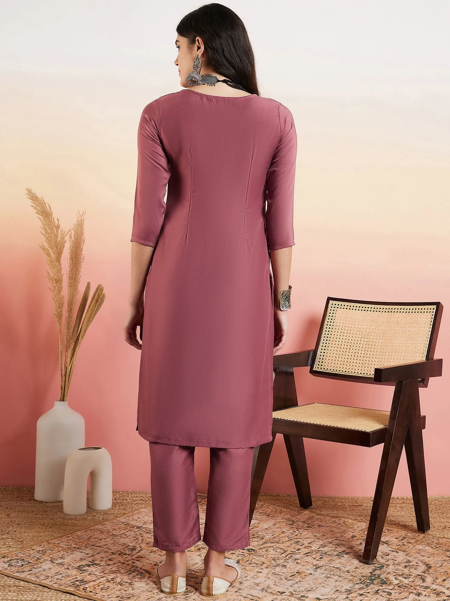 Rust Floral Yoke Design Sequinned Kurta With Trousers