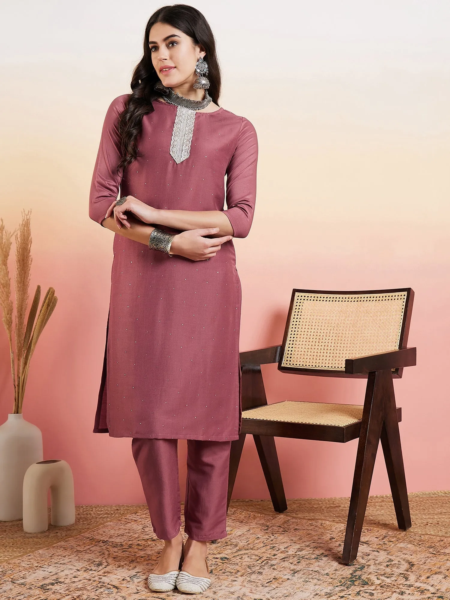Rust Floral Yoke Design Sequinned Kurta With Trousers