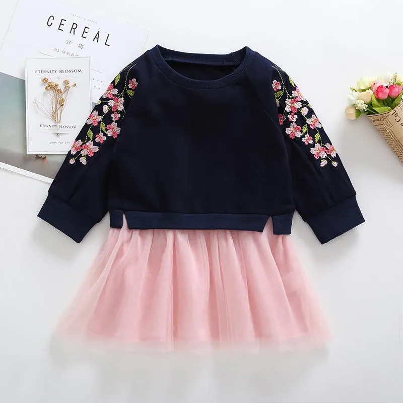 Sakura Embroidery Long Sleeve Mesh Tulle Dresses