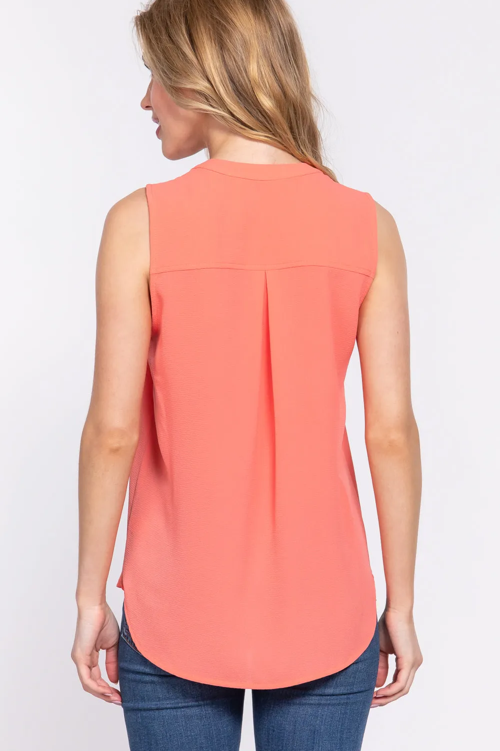 Solid Sleeveless Woven Top with Hidden Button