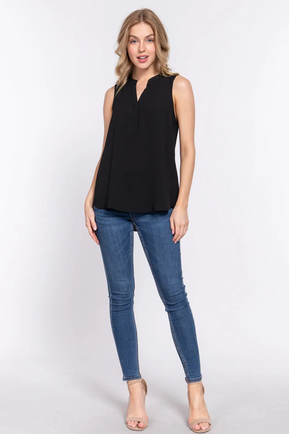 Solid Sleeveless Woven Top with Hidden Button