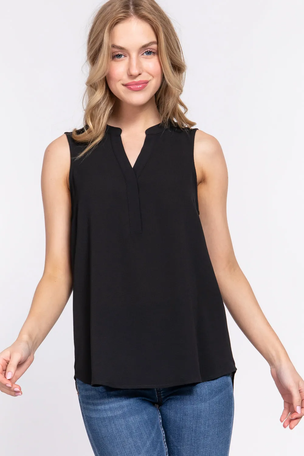 Solid Sleeveless Woven Top with Hidden Button