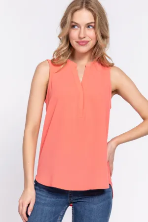 Solid Sleeveless Woven Top with Hidden Button