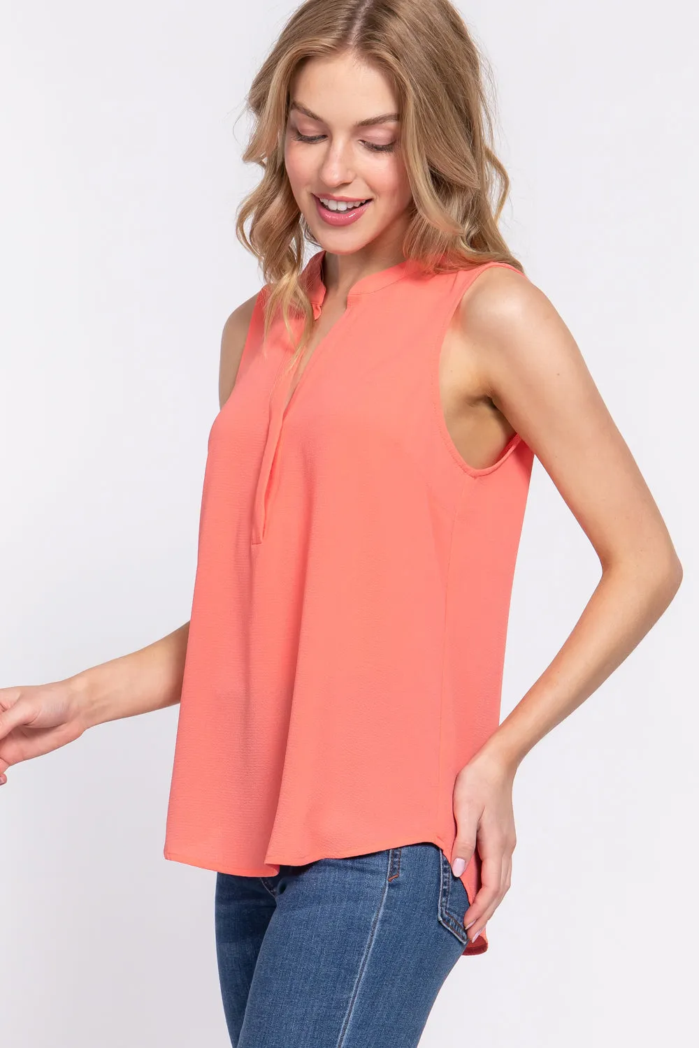 Solid Sleeveless Woven Top with Hidden Button