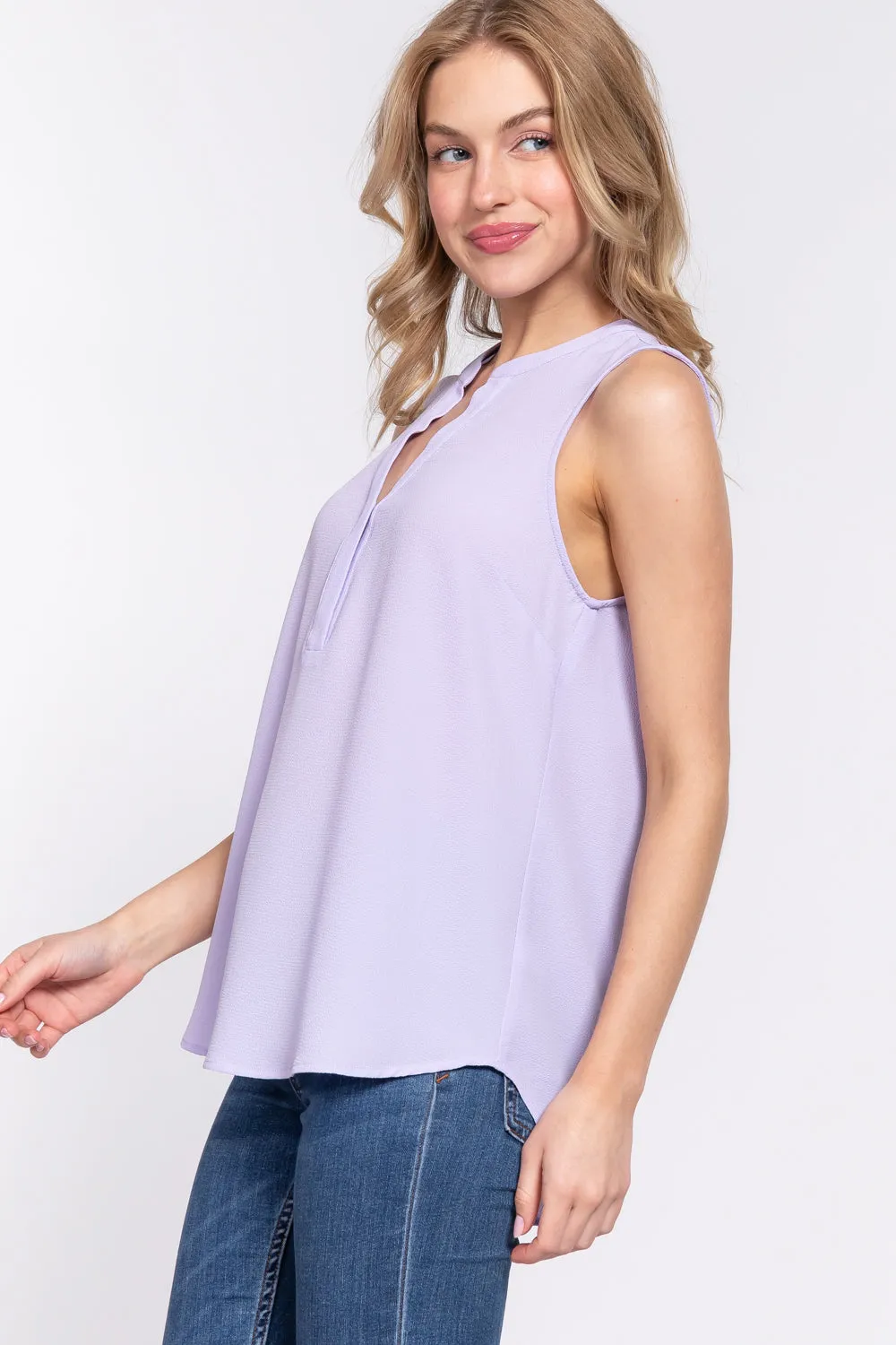 Solid Sleeveless Woven Top with Hidden Button