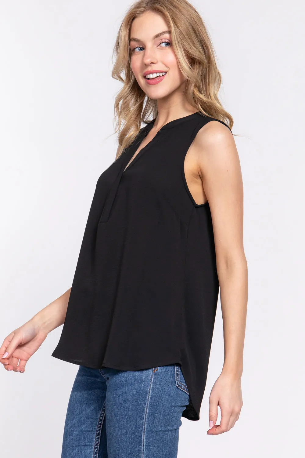 Solid Sleeveless Woven Top with Hidden Button