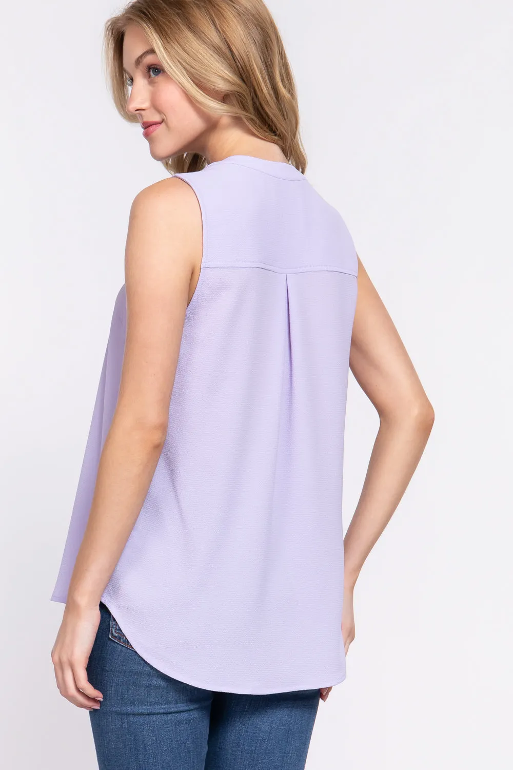 Solid Sleeveless Woven Top with Hidden Button