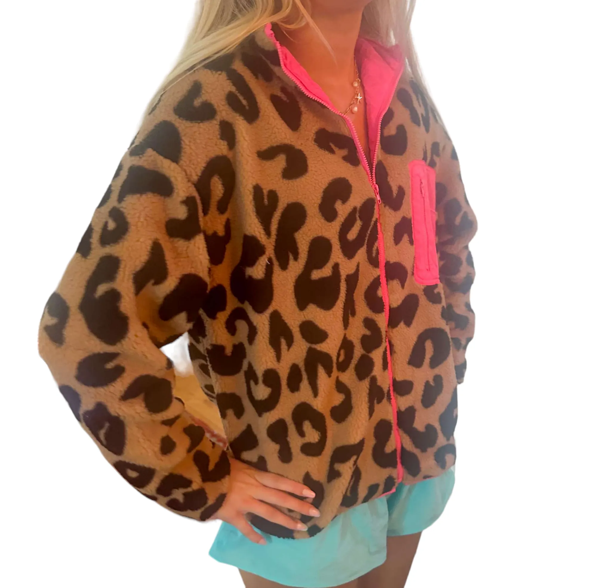 Spotted Style: Pink-Trimmed Leopard Fleece Jacket