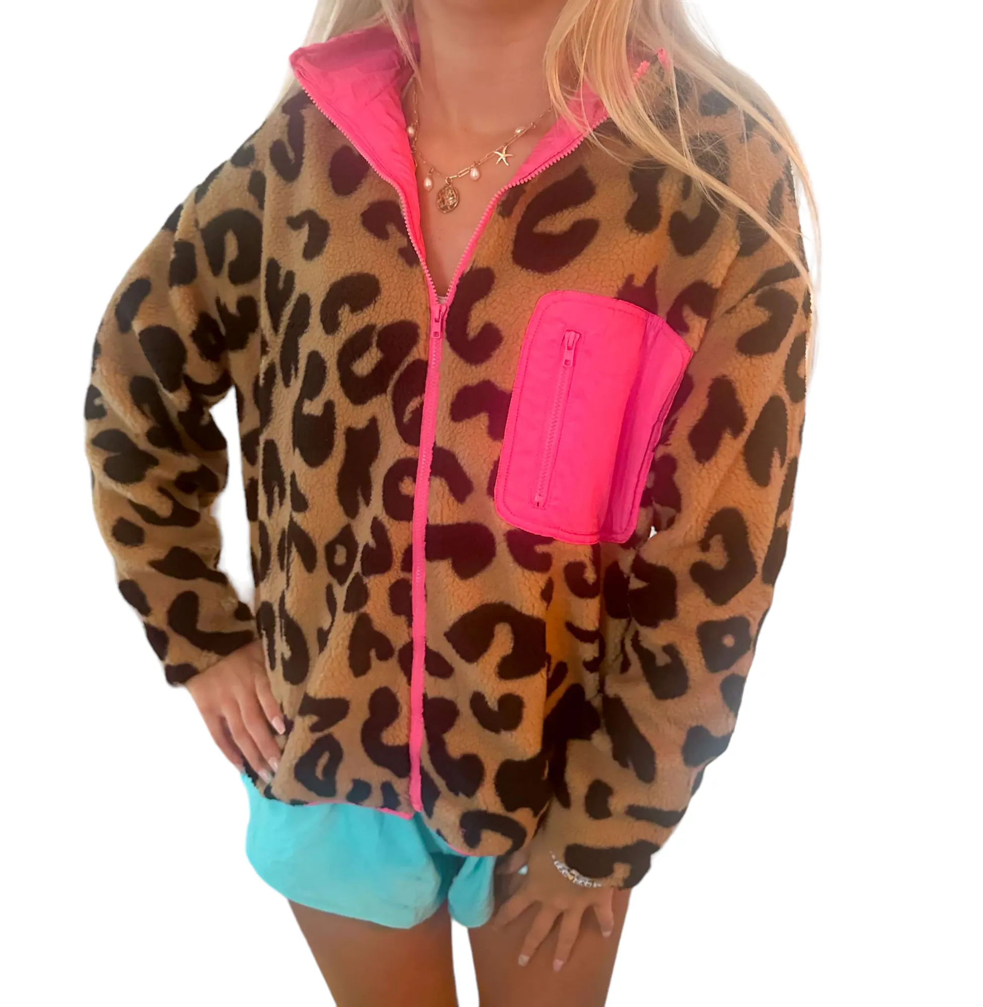 Spotted Style: Pink-Trimmed Leopard Fleece Jacket