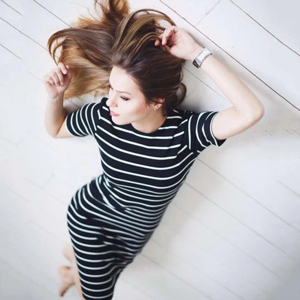 Striped Scoop Short Sleeves Knee-length Dress