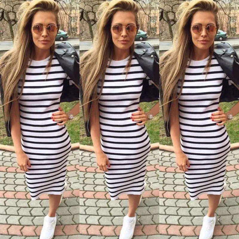 Striped Scoop Short Sleeves Knee-length Dress