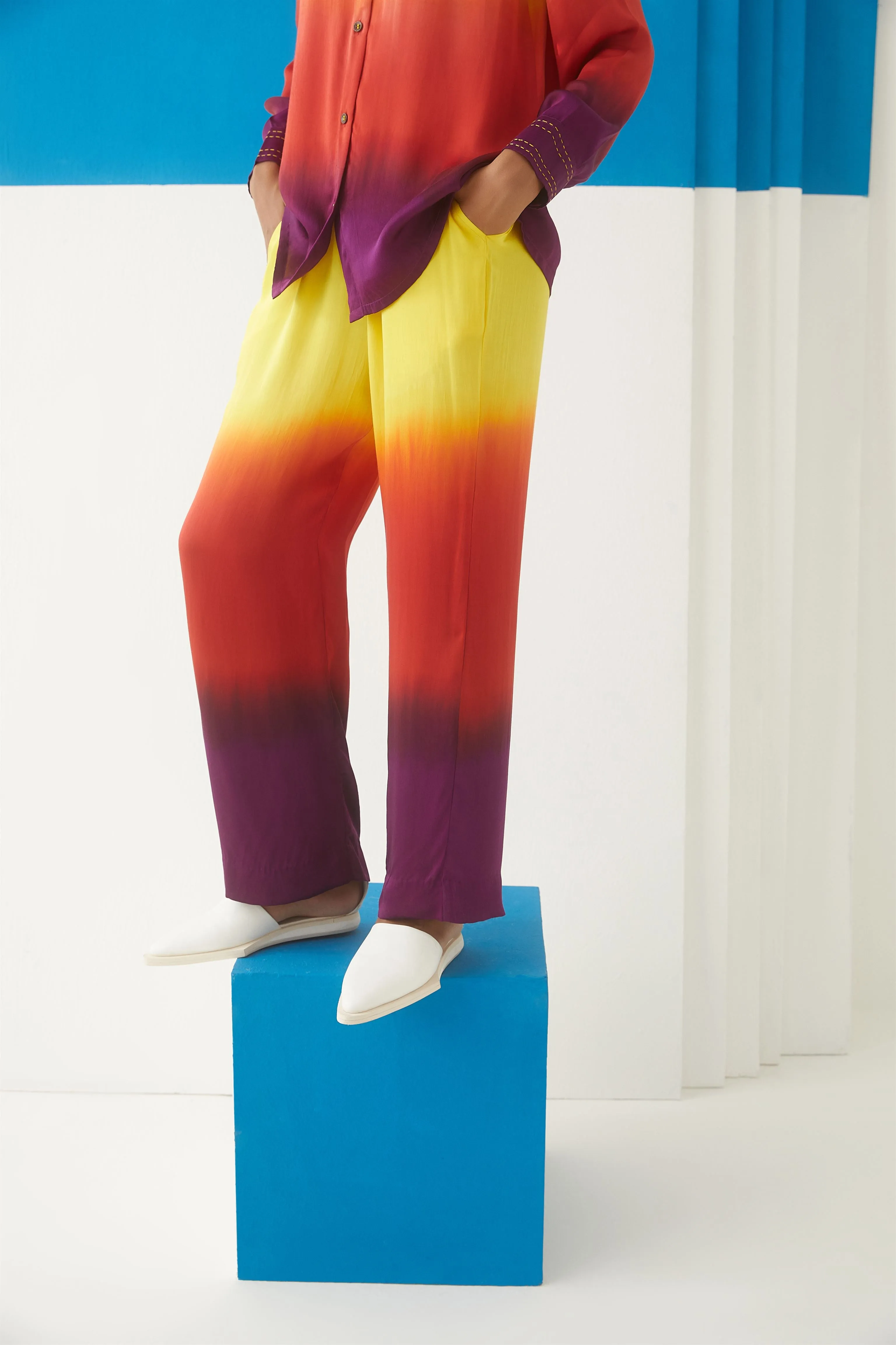 Studio Rigu Sanatornaya Sunrise Shirt  Trousers 
 Beaded Buttons   Top Stitching On Cuffs, Tie Dye Vegan Silk Arcadia Collection