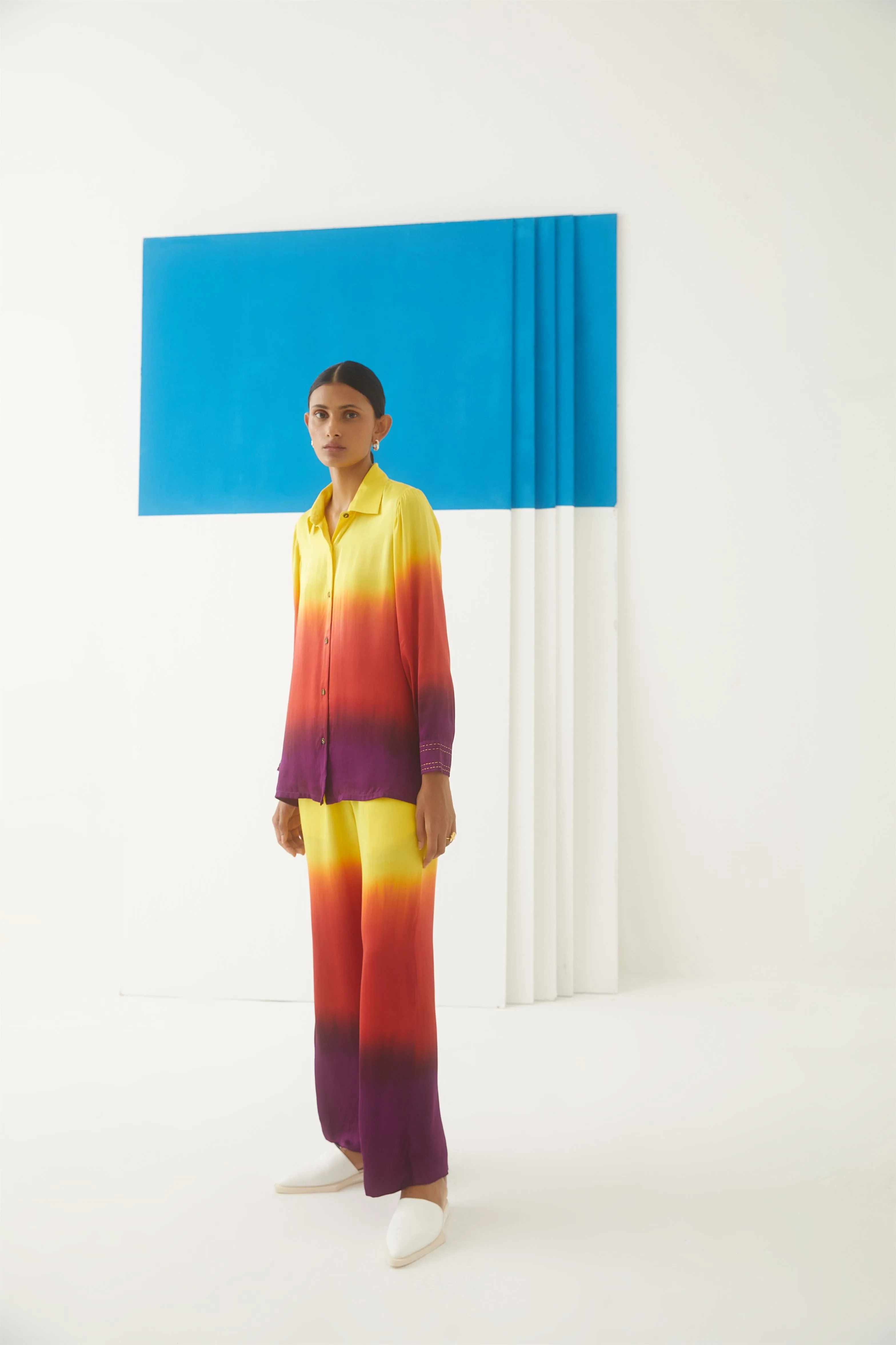 Studio Rigu Sanatornaya Sunrise Shirt  Trousers 
 Beaded Buttons   Top Stitching On Cuffs, Tie Dye Vegan Silk Arcadia Collection