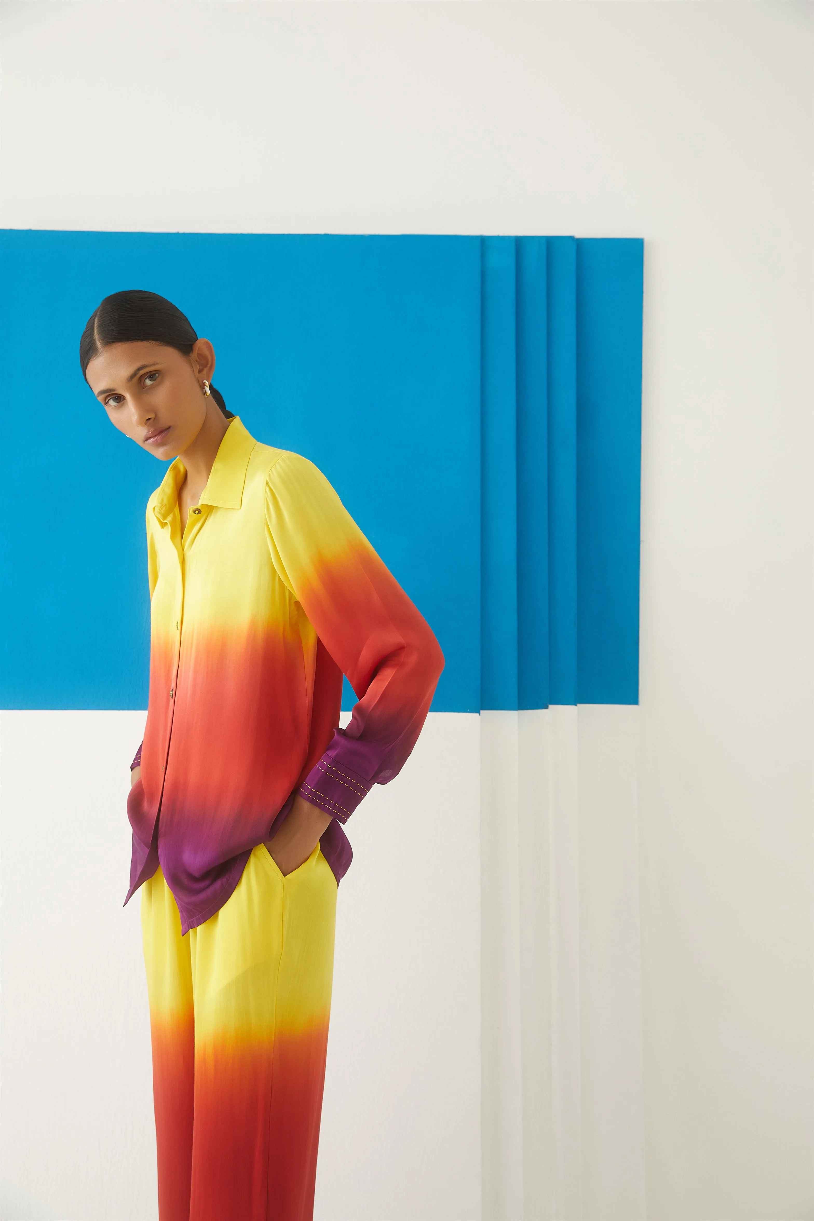 Studio Rigu Sanatornaya Sunrise Shirt  Trousers 
 Beaded Buttons   Top Stitching On Cuffs, Tie Dye Vegan Silk Arcadia Collection