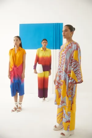 Studio Rigu Sanatornaya Sunrise Shirt  Trousers 
 Beaded Buttons   Top Stitching On Cuffs, Tie Dye Vegan Silk Arcadia Collection