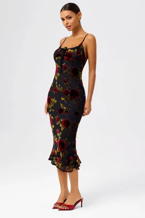 Sultry Burnout Velvet Pleated Neckline Mermaid Midi Dress