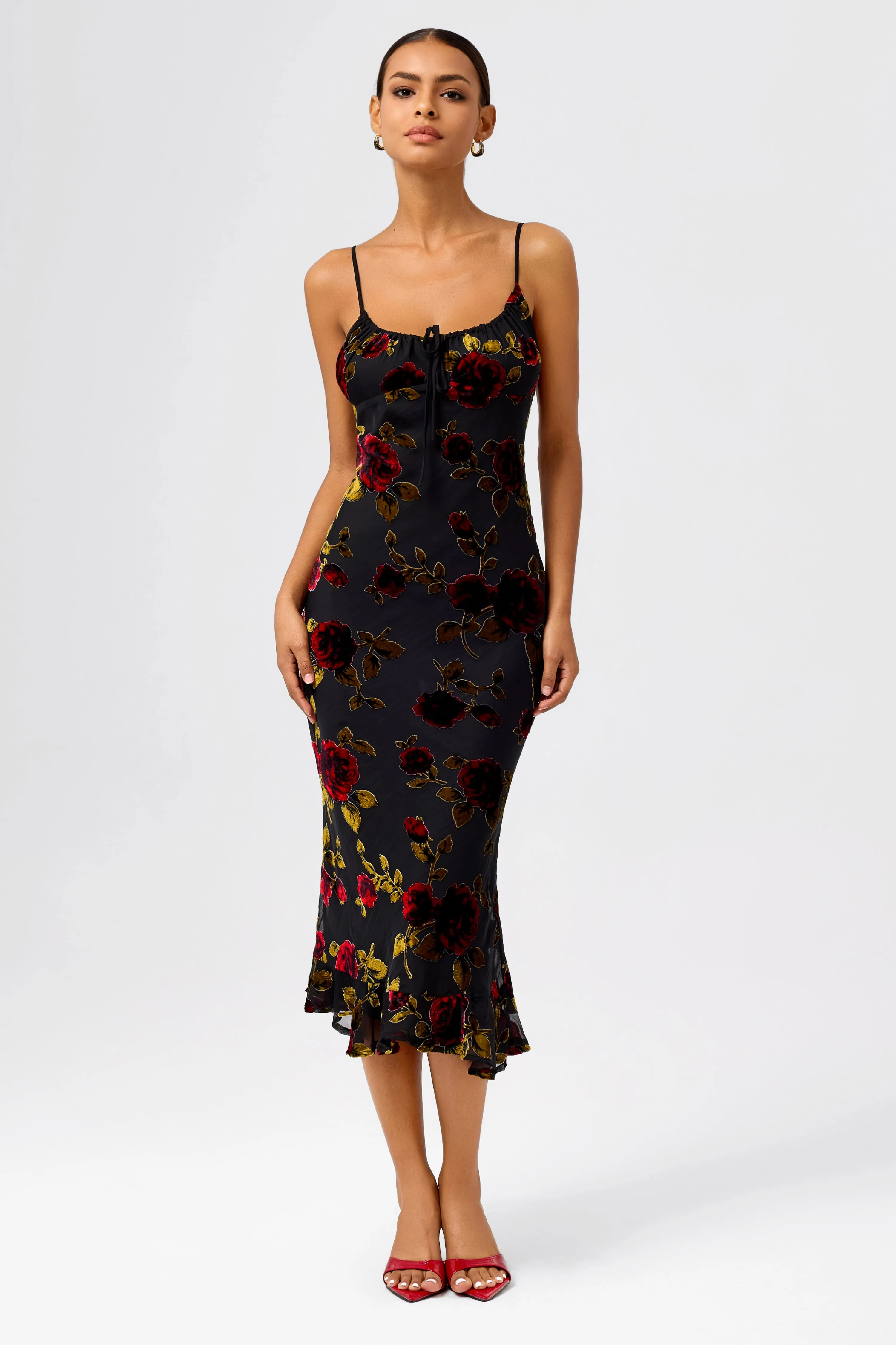 Sultry Burnout Velvet Pleated Neckline Mermaid Midi Dress