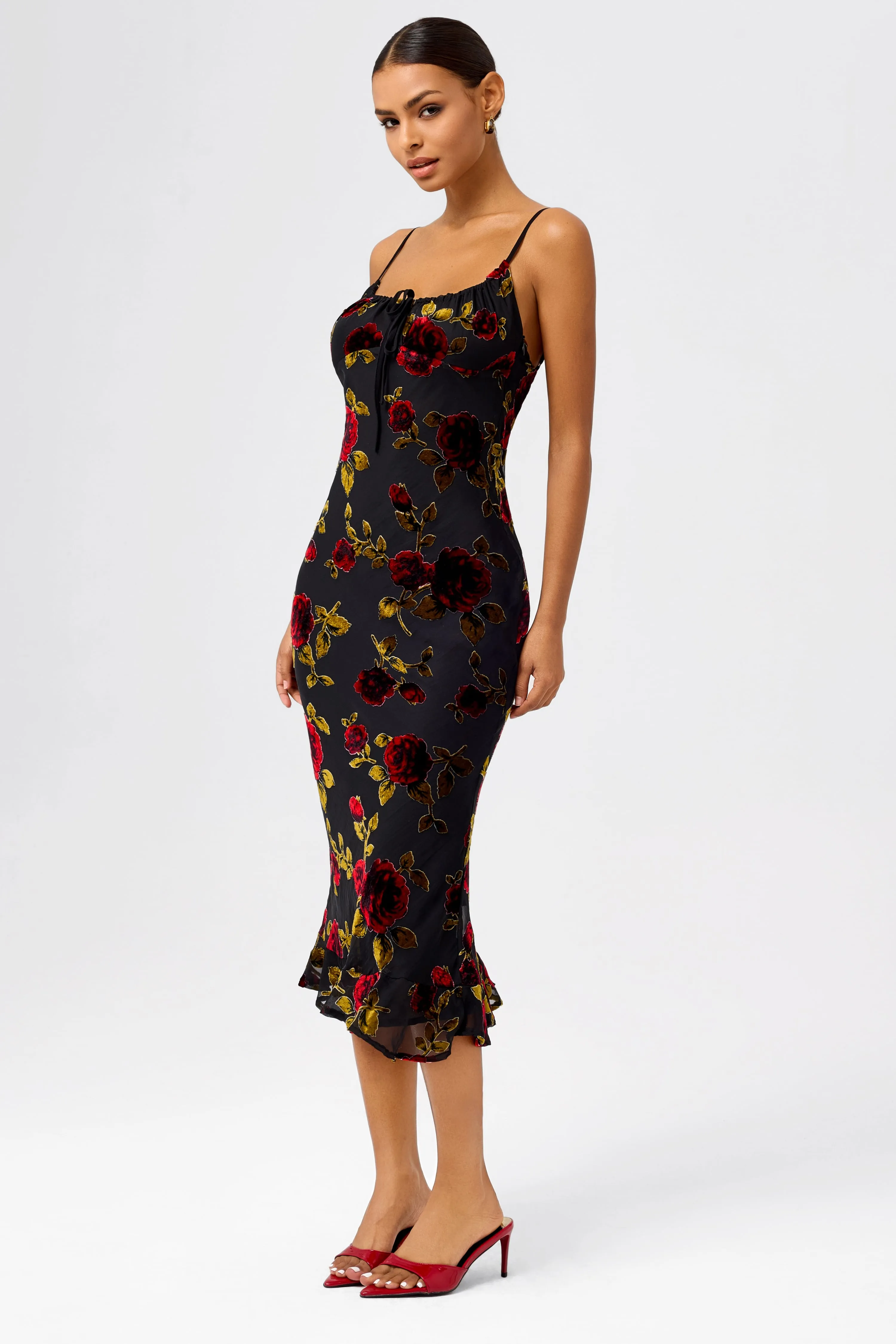 Sultry Burnout Velvet Pleated Neckline Mermaid Midi Dress