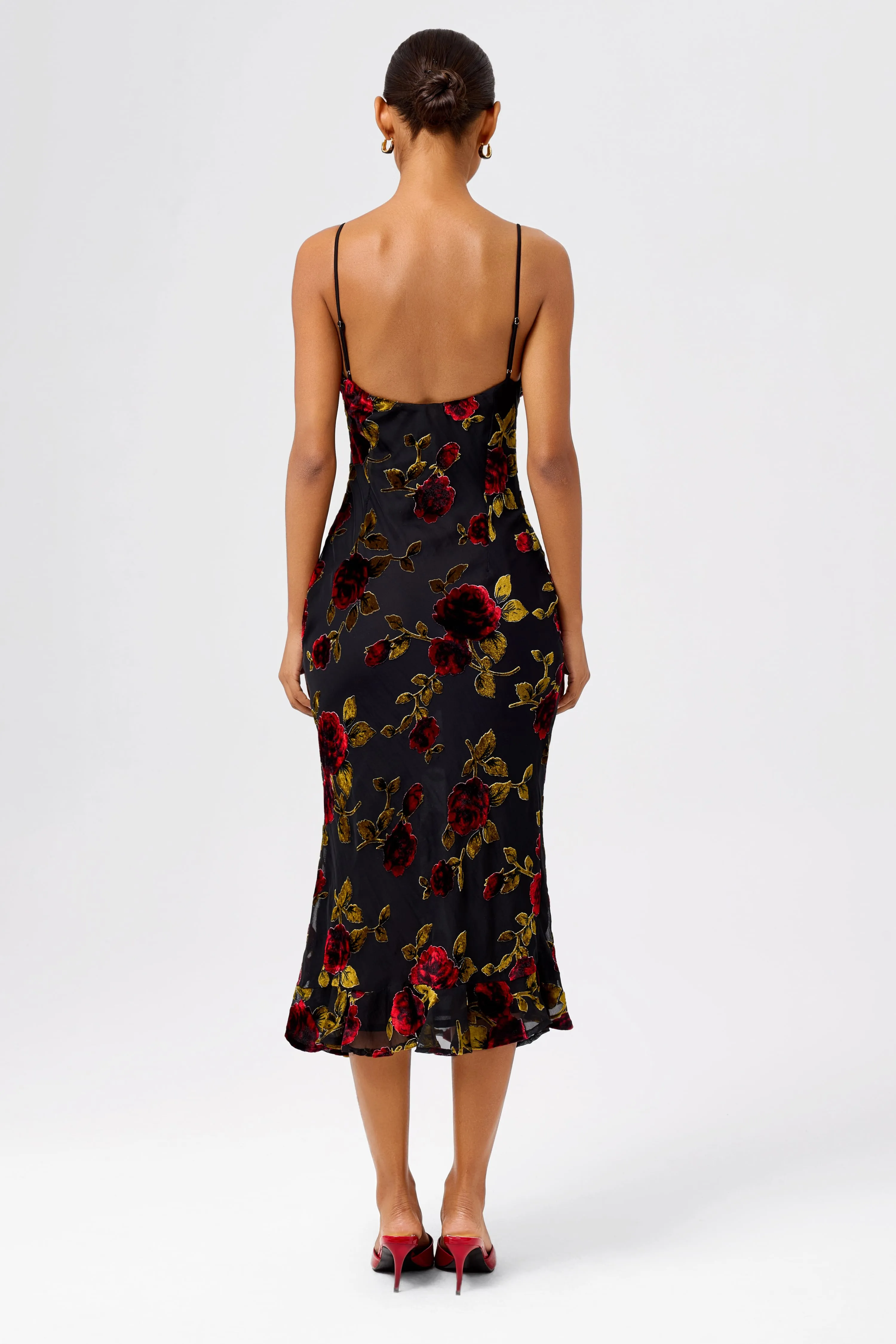 Sultry Burnout Velvet Pleated Neckline Mermaid Midi Dress