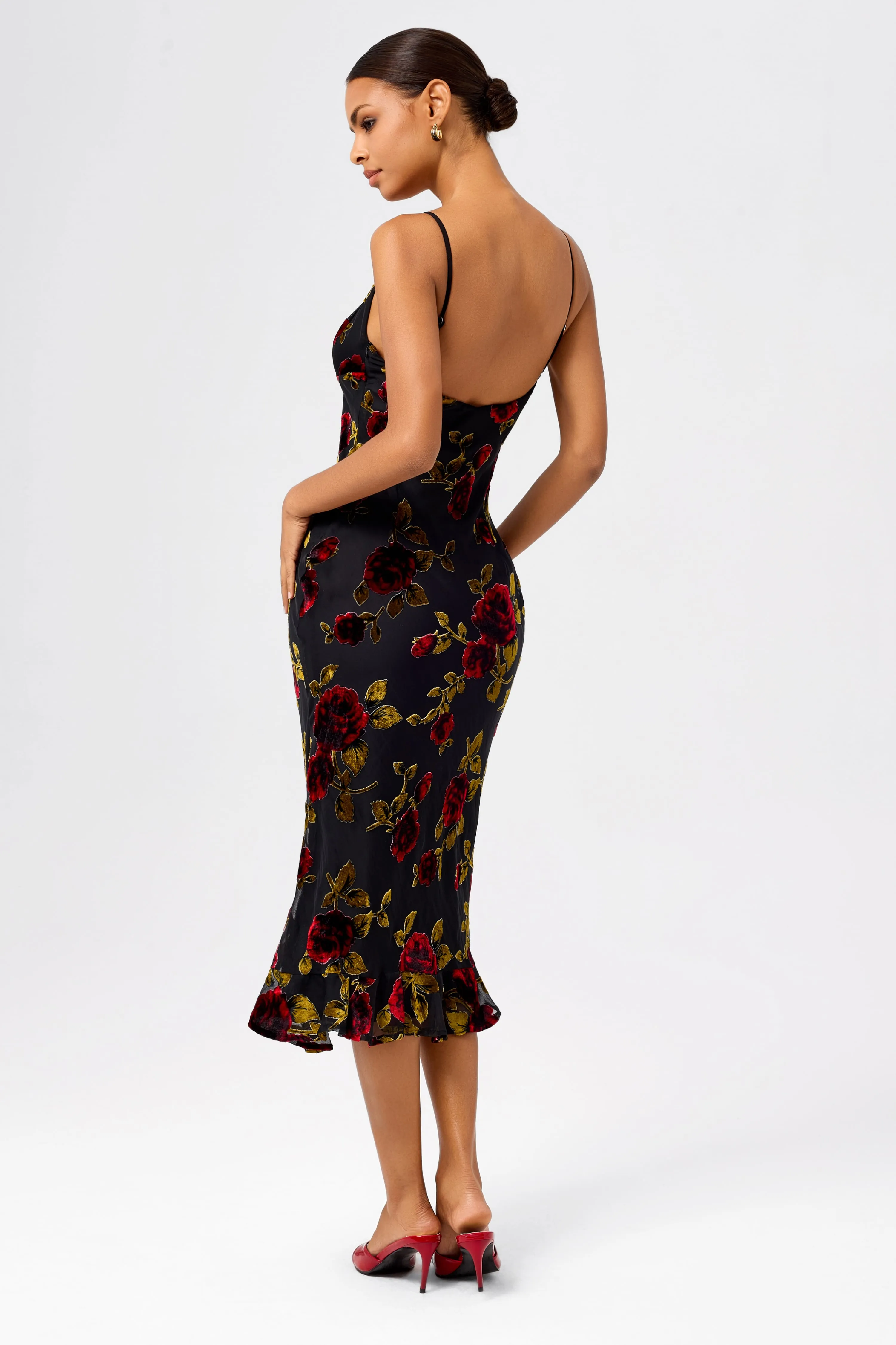 Sultry Burnout Velvet Pleated Neckline Mermaid Midi Dress