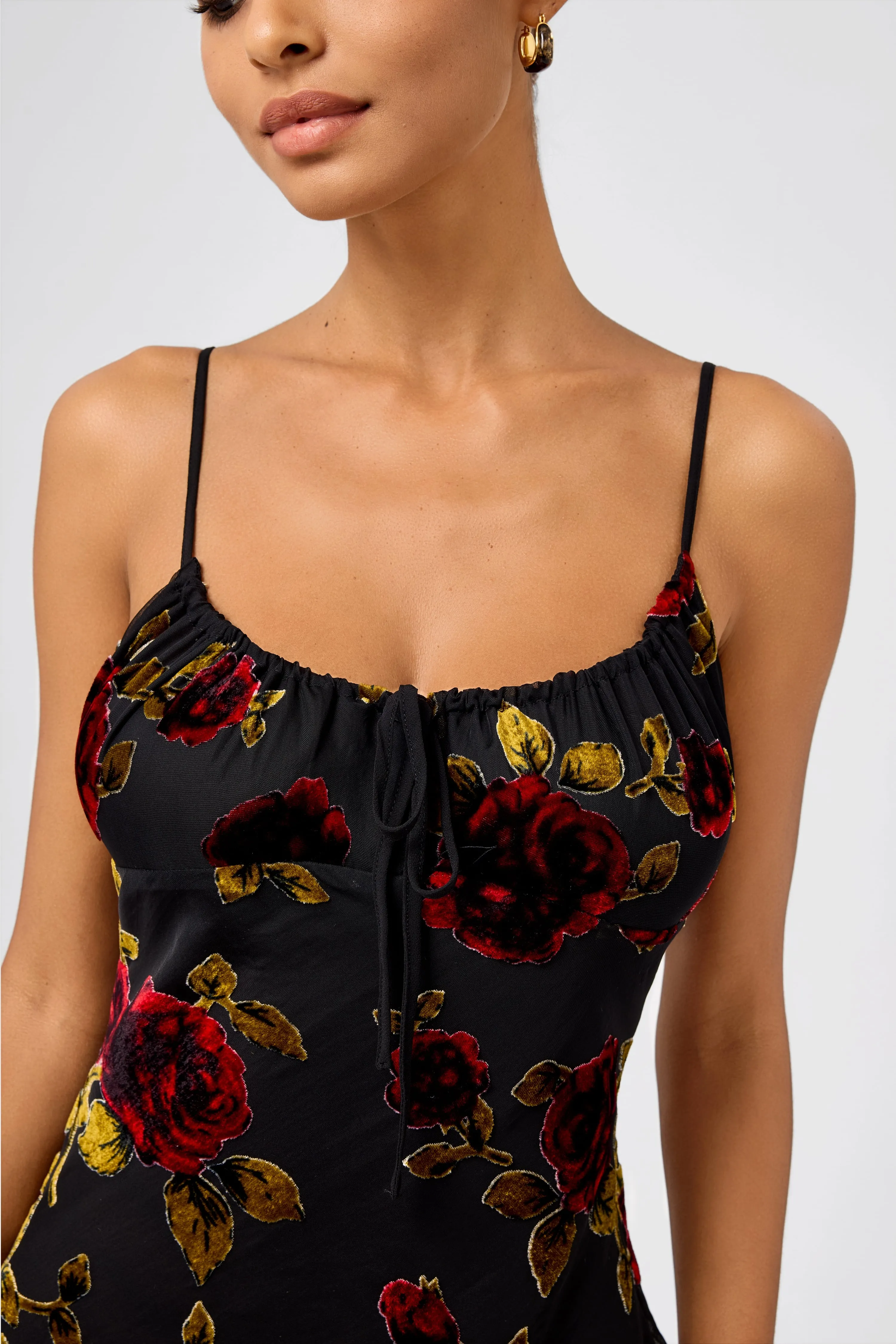 Sultry Burnout Velvet Pleated Neckline Mermaid Midi Dress