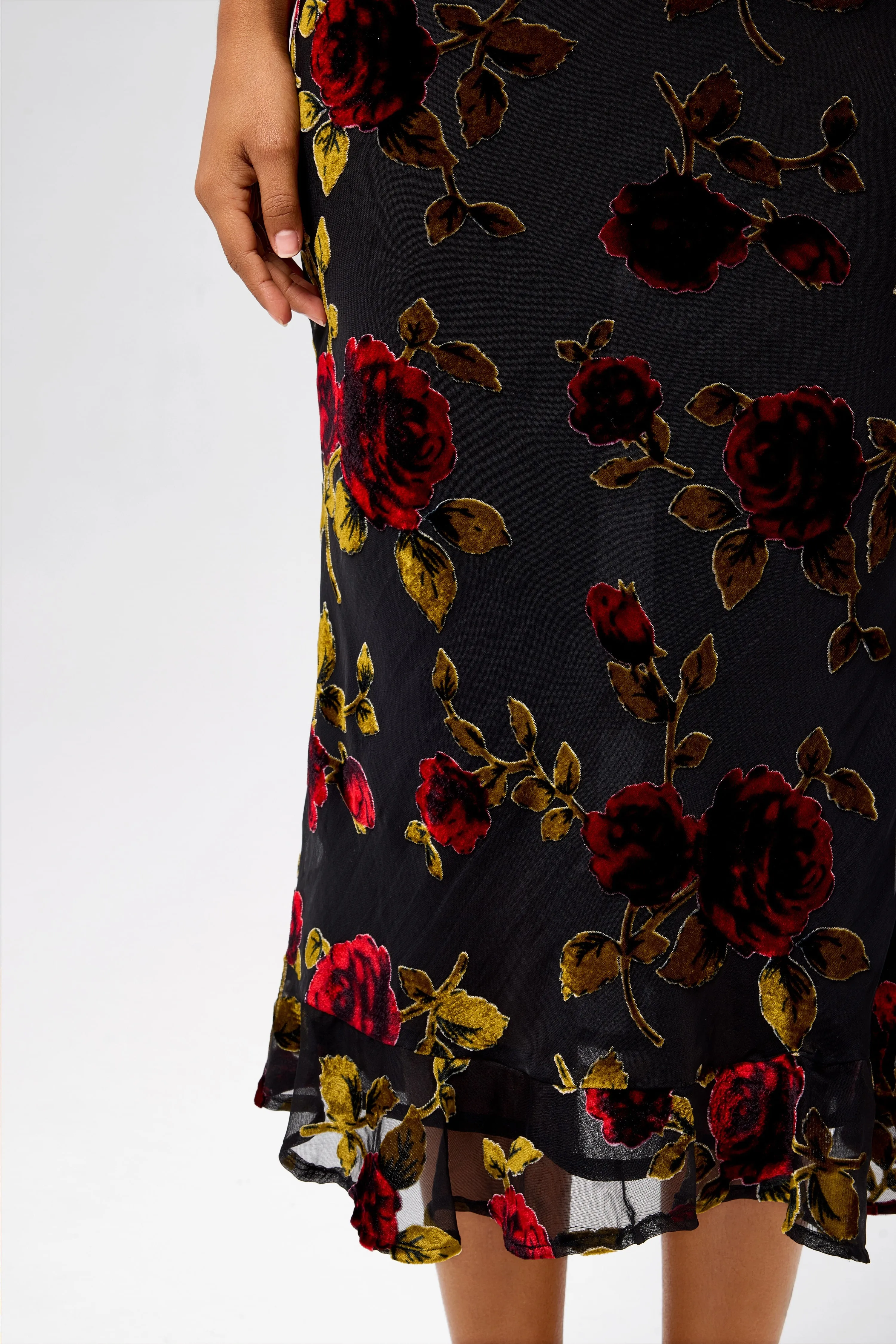 Sultry Burnout Velvet Pleated Neckline Mermaid Midi Dress
