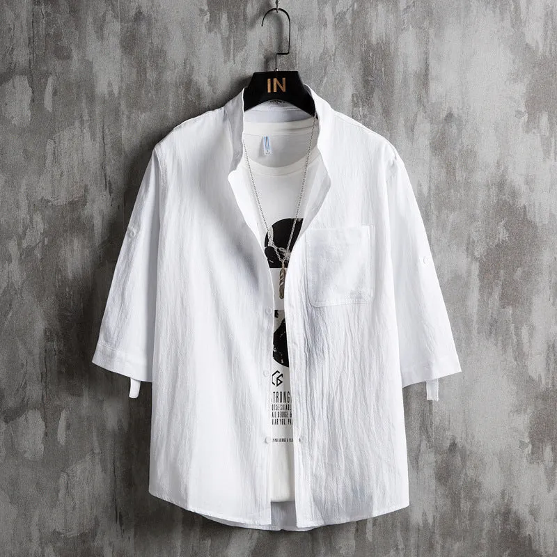 Summer Three-Quarter Length Sleeves White Shirt Men Korean Trendy Stylish All-Matching Popular Fairy Look Couple Men Shirt
