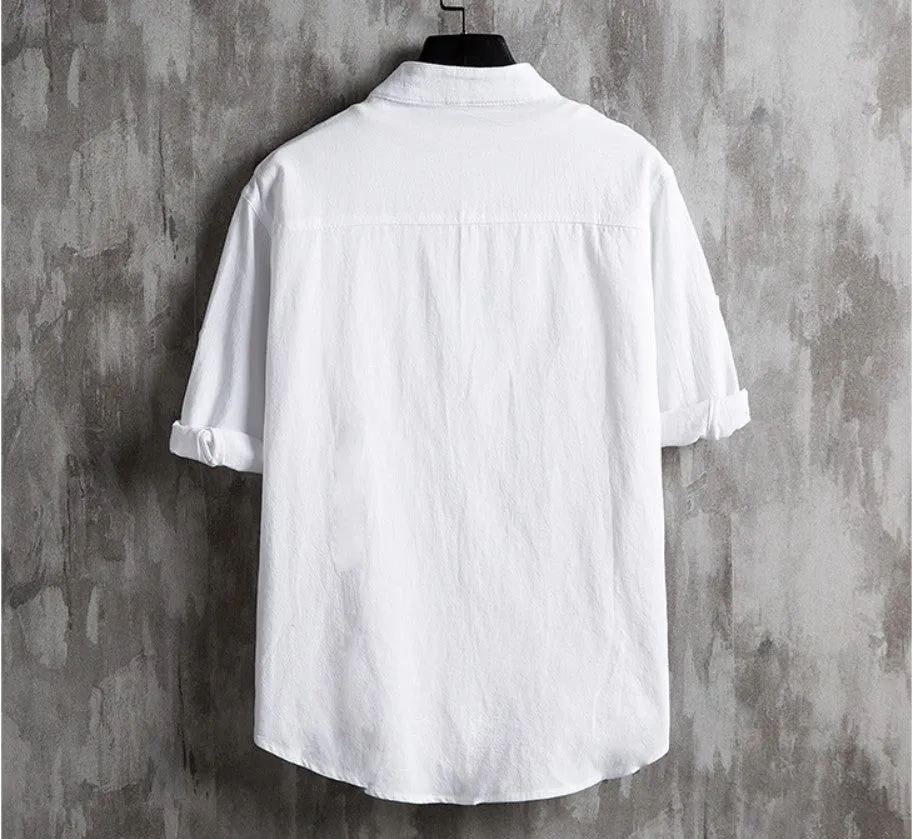 Summer Three-Quarter Length Sleeves White Shirt Men Korean Trendy Stylish All-Matching Popular Fairy Look Couple Men Shirt