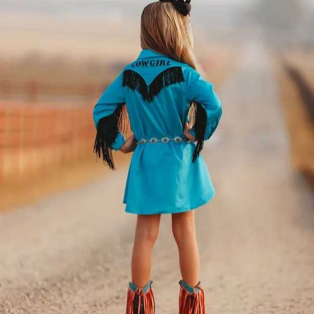 Teal Cowgirl Vintage Long Sleeve Dress Kid (6-7)