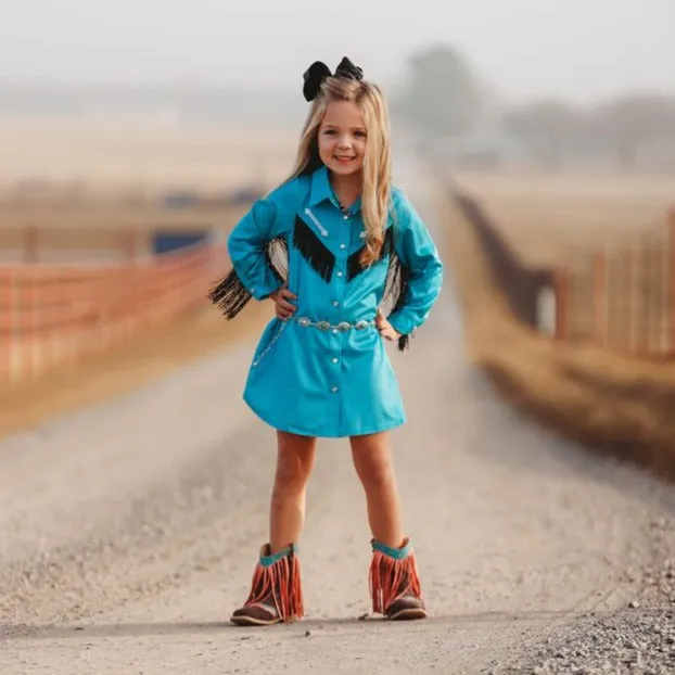 Teal Cowgirl Vintage Long Sleeve Dress Kid (6-7)