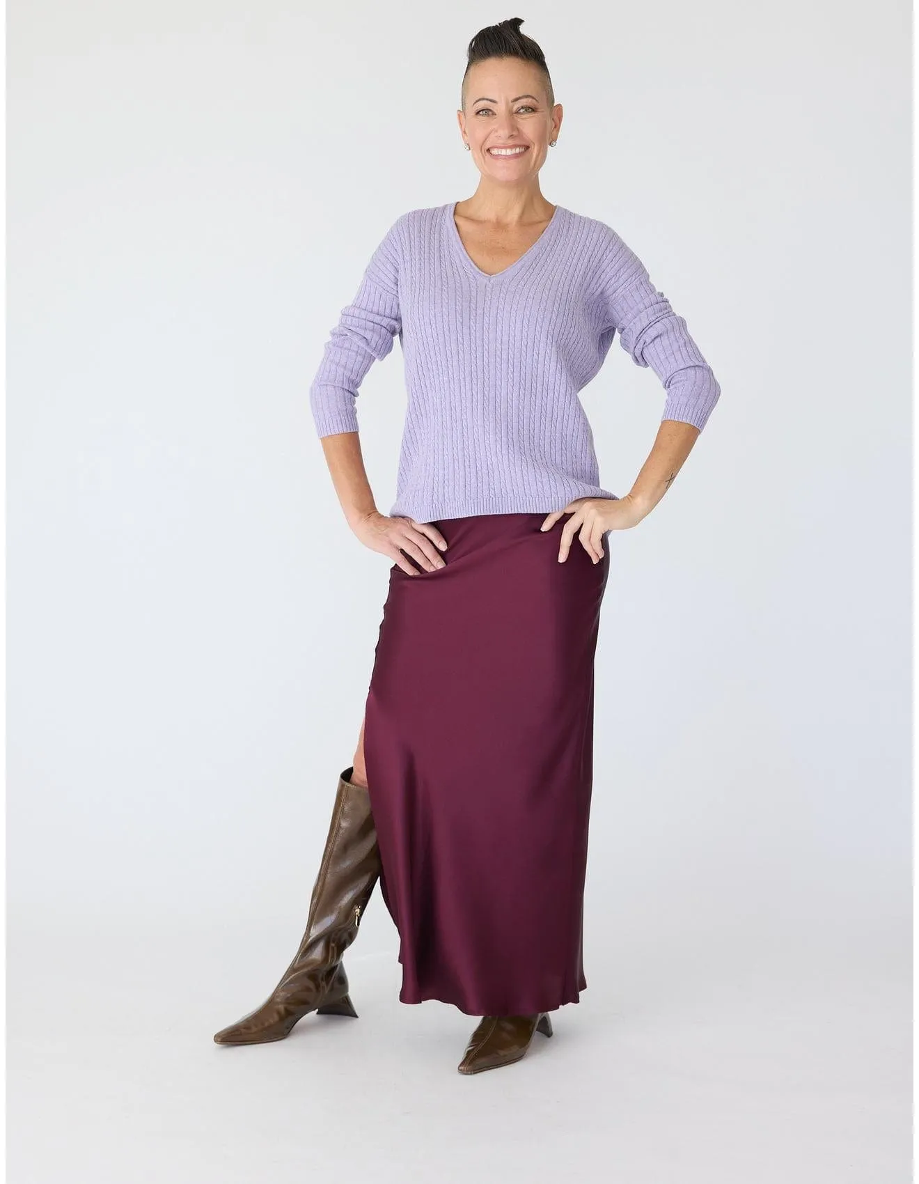 V-Neck Cable Sweater in Crocus
