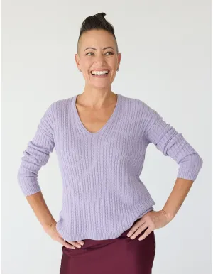 V-Neck Cable Sweater in Crocus
