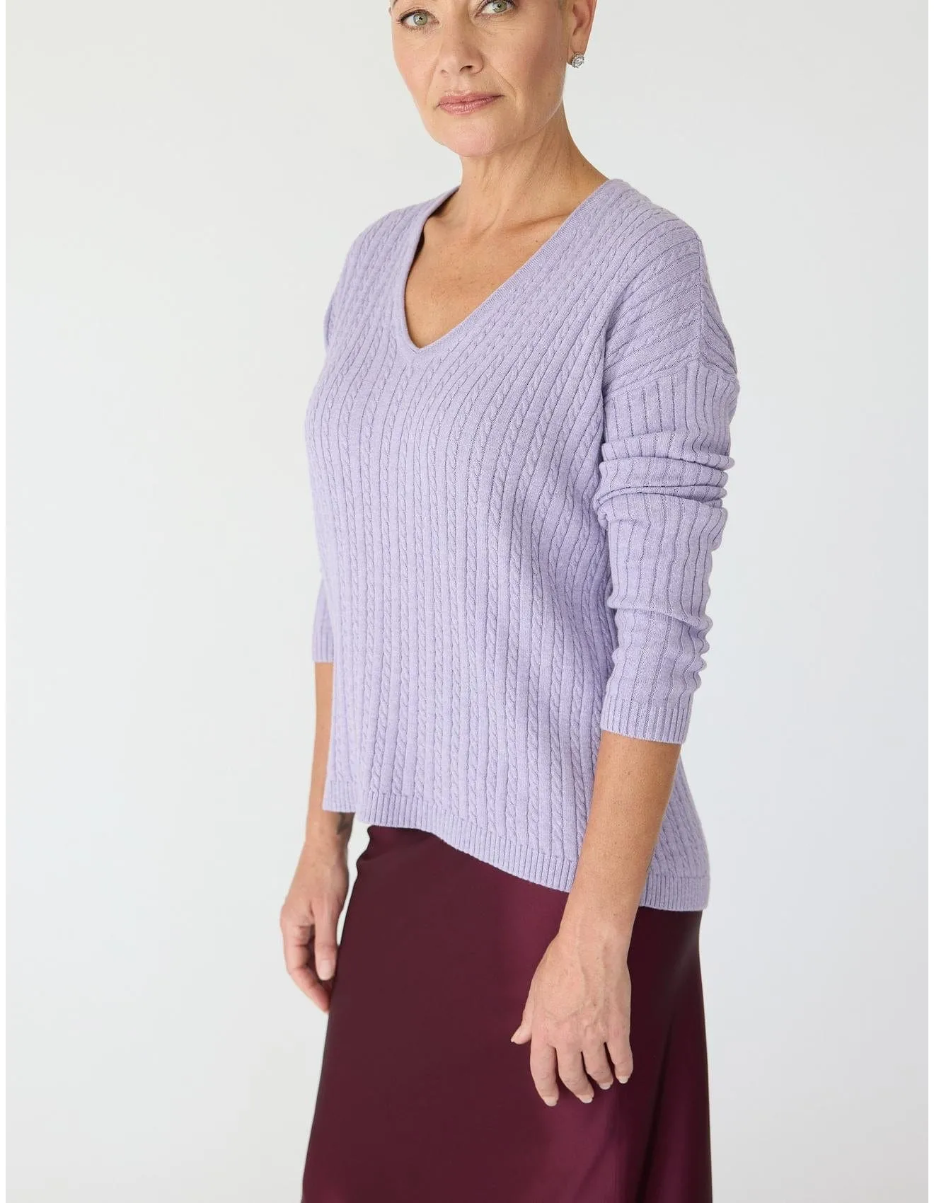 V-Neck Cable Sweater in Crocus