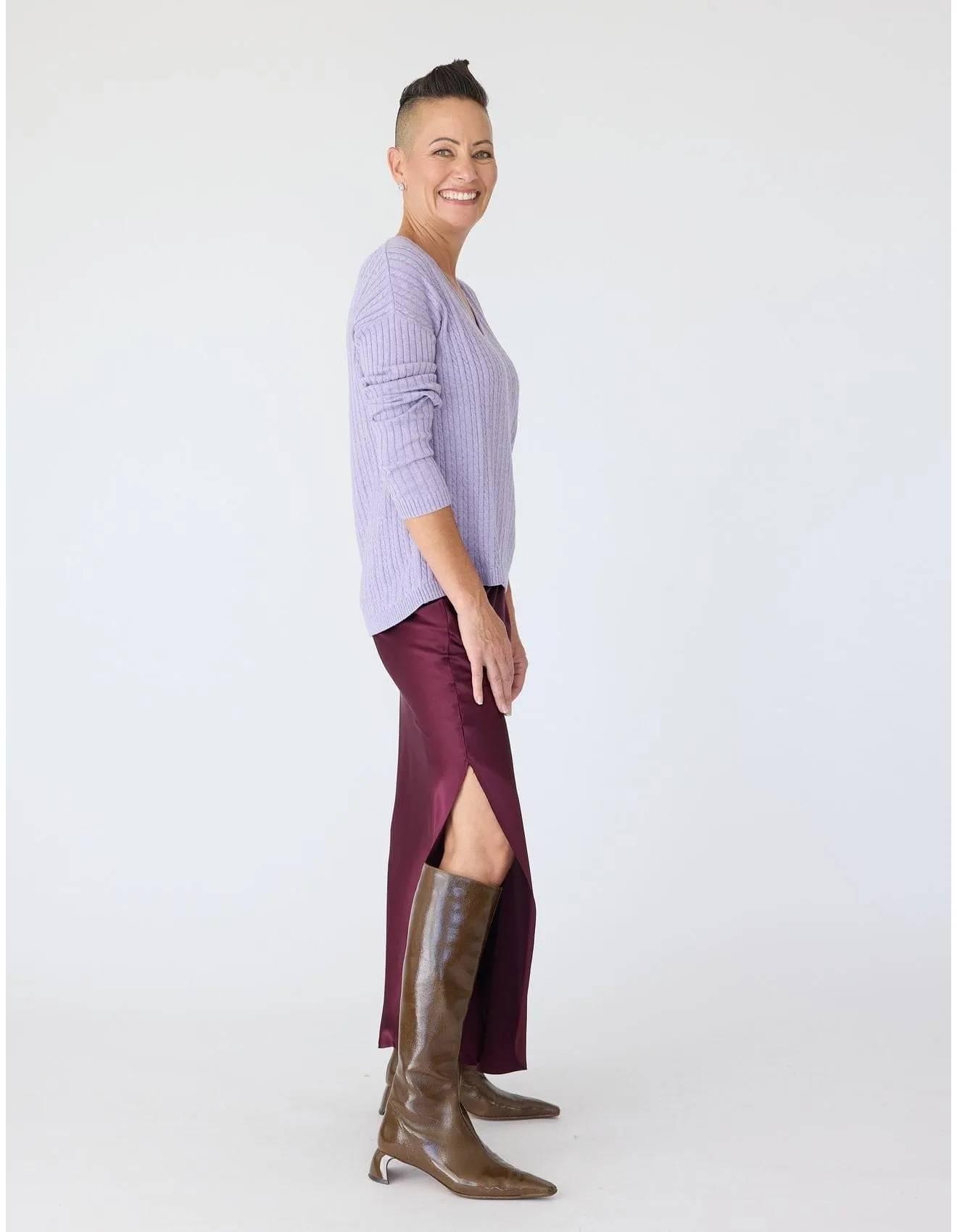 V-Neck Cable Sweater in Crocus