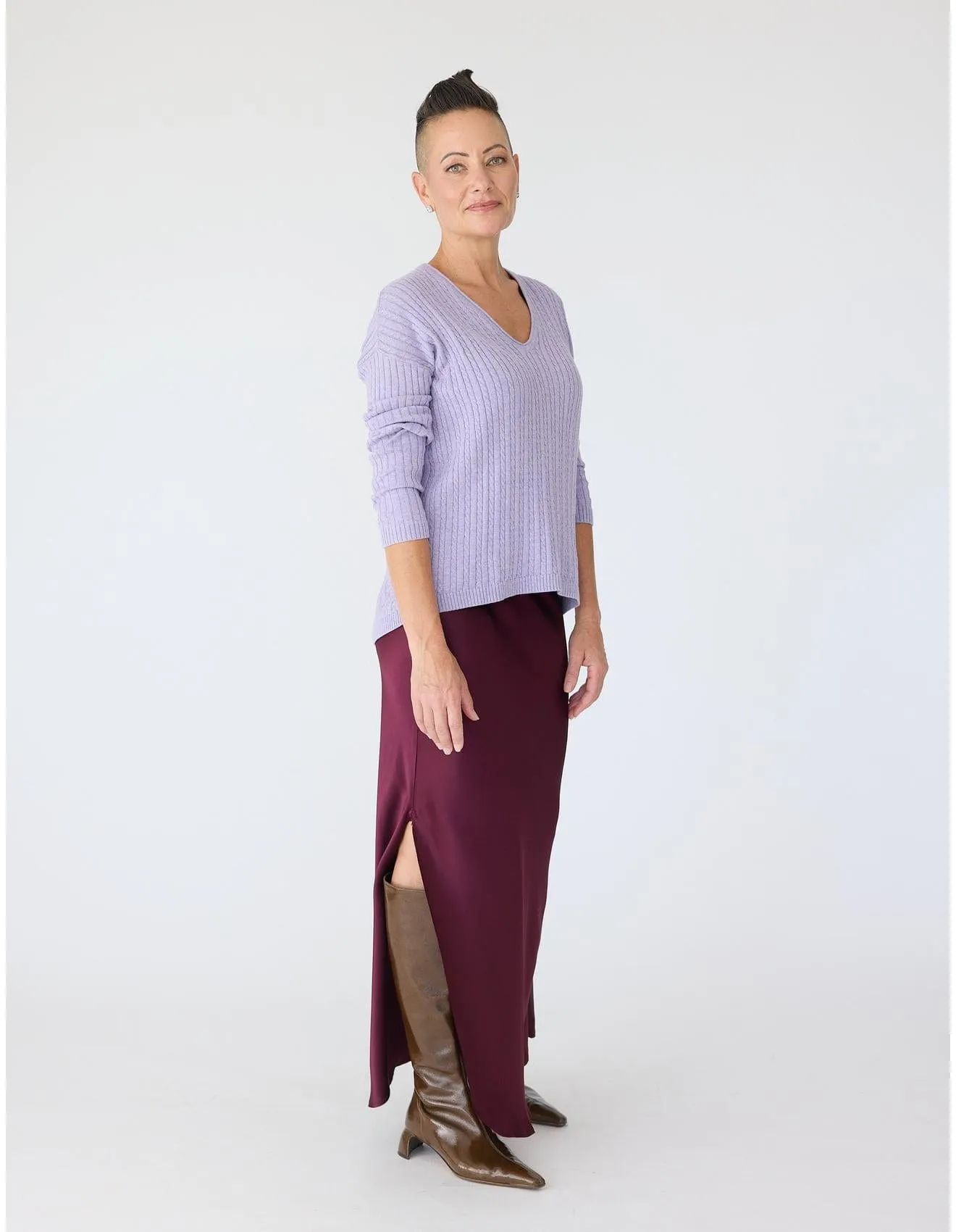 V-Neck Cable Sweater in Crocus